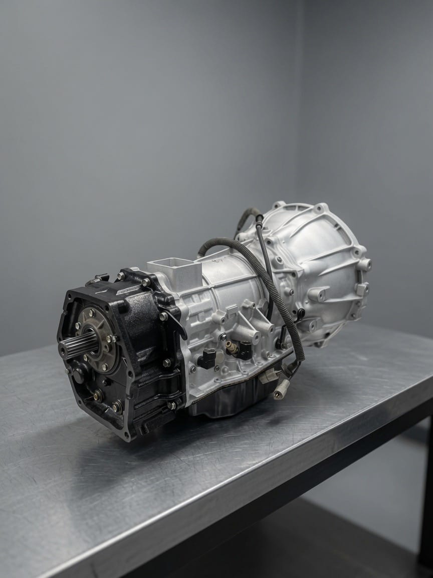 Reconditioned automatic transmission on a stainless bench against a grey workshop wall