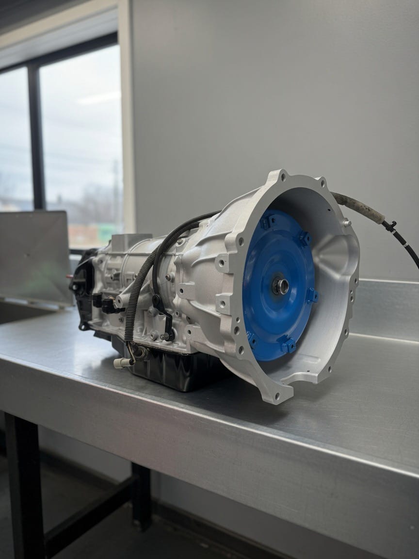 Freshly rebuilt automatic transmission with a blue-finished torque converter housing on a stainless workbench